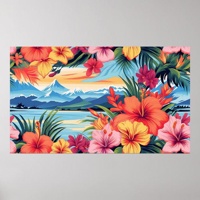 Colourful Tropical Flowers & Landscape Poster (Front)