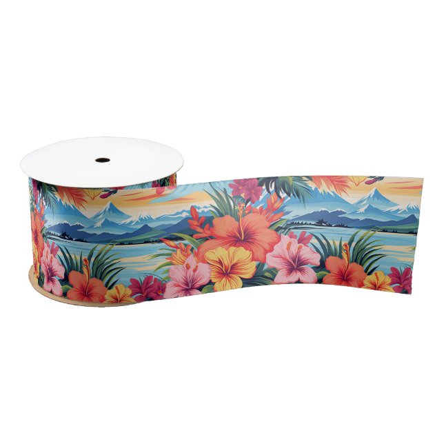 Colourful Tropical Flowers & Landscape Satin Ribbon (Spool)