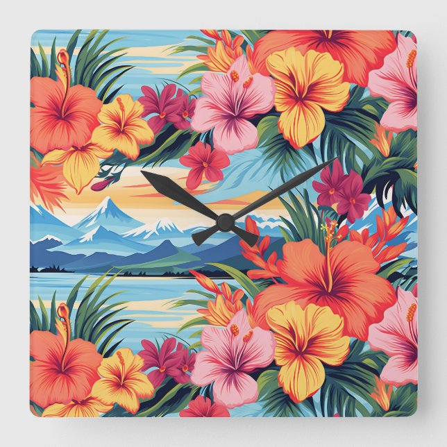 Colourful Tropical Flowers & Landscape Square Wall Clock (Front)