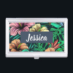 Colourful Tropical Flowers Modern Personalised Business Card Holder<br><div class="desc">Colourful tropical flowers pattern with modern personalisation.</div>