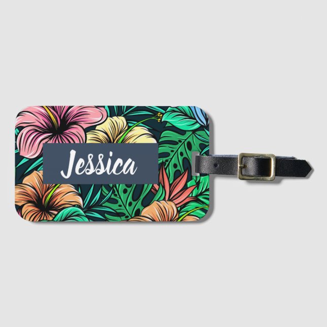 Colourful Tropical Flowers Modern Personalised Luggage Tag (Front Horizontal)
