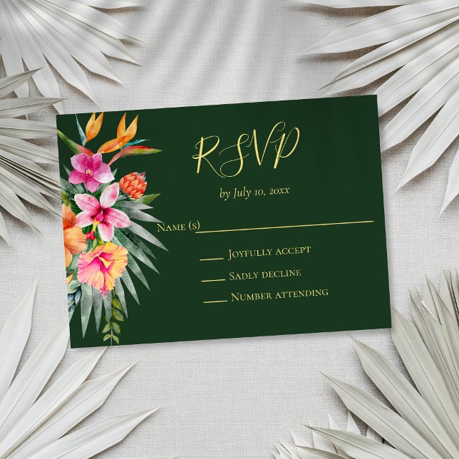 Colourful Tropical Flowers Orange Pink Wedding RSVP Card (Creator Uploaded)