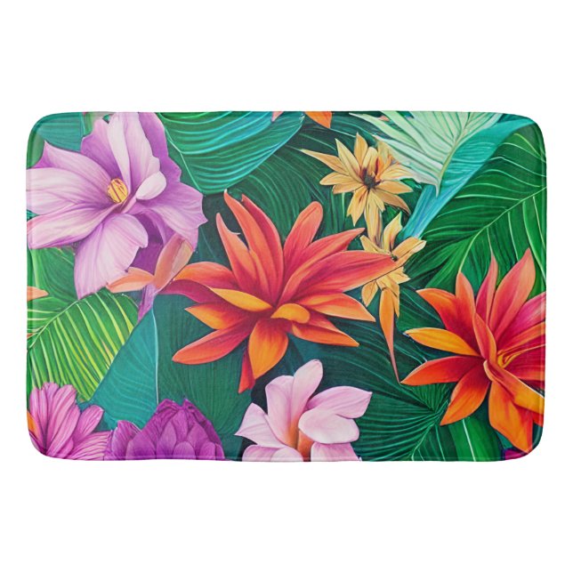 Colourful Tropical Flowers Pattern  Bath Mat (Front)