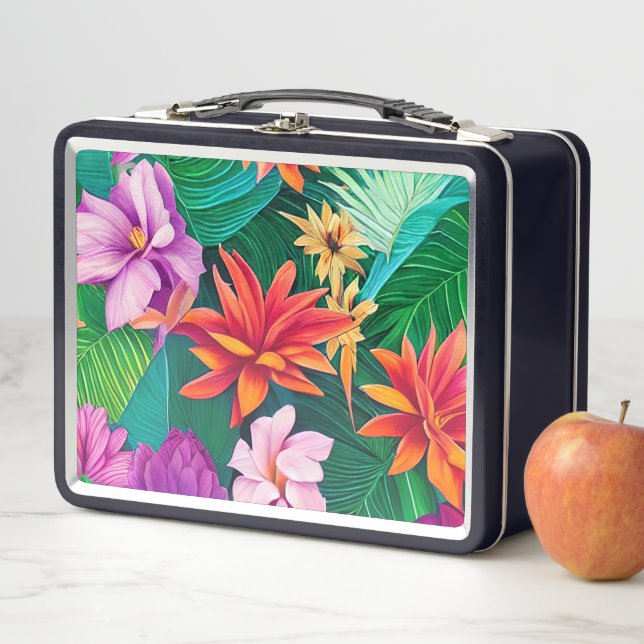 Colourful Tropical Flowers Pattern  Metal Lunch Box (In Situ)