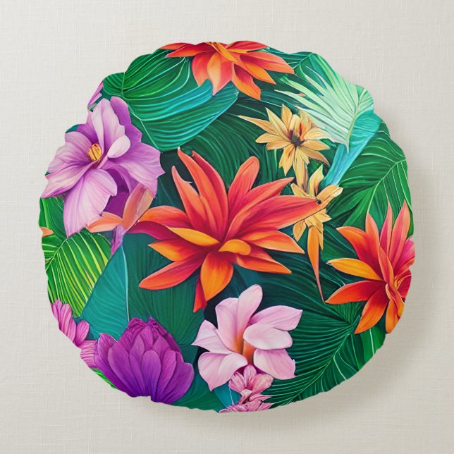 Colourful Tropical Flowers Pattern  Round Cushion (Front)