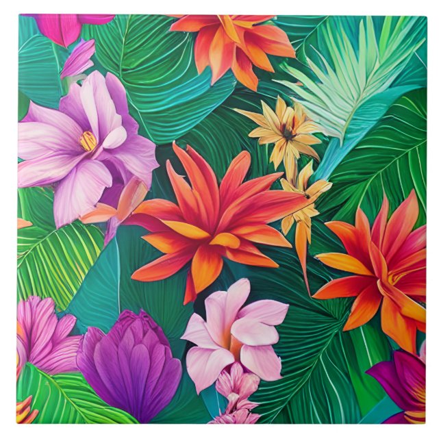 Colourful Tropical Flowers Pattern  Tile (Front)