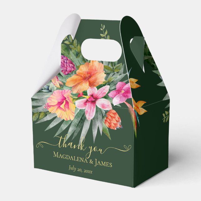 Colourful Tropical Flowers Pink Orange on Green Favour Box (Back Side)