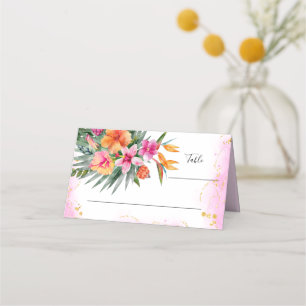 Colourful Tropical Flowers Pink & Orange Wedding Place Card