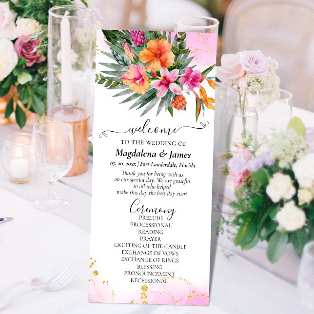 Colourful Tropical Flowers Pink Orange Wedding Programme (Creator Uploaded)