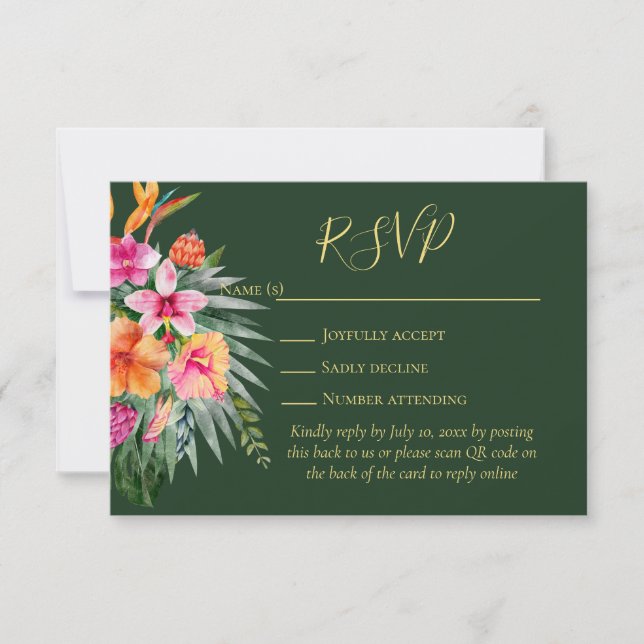 Colourful Tropical Flowers QR Code Wedding RSVP (Front)