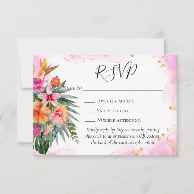 Colourful Tropical Flowers QR Code Wedding RSVP Card (Front)