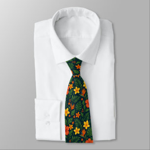 Colourful Tropical Flowers Red Green Navy Blue Tie