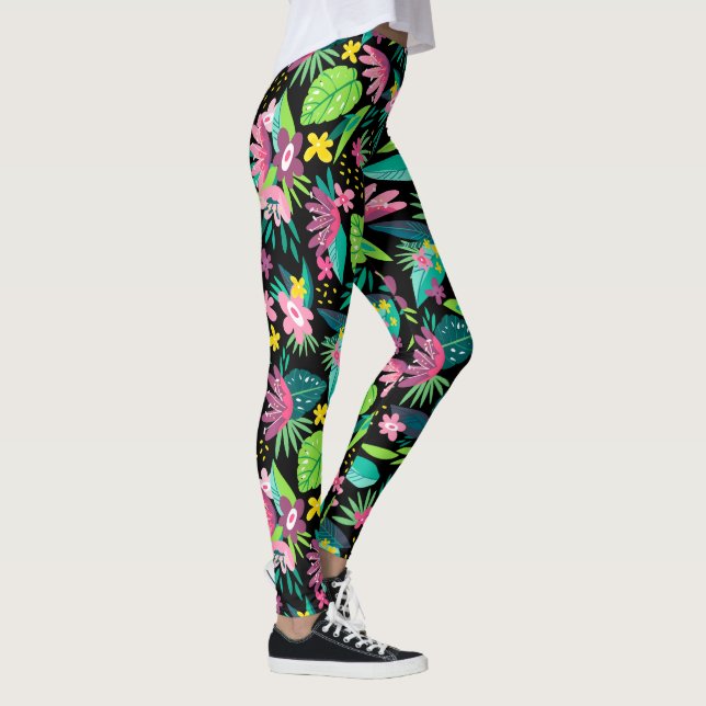 Colourful Tropical Flowers Seamless Pattern Leggings (Right)