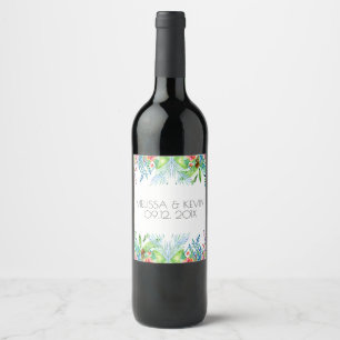 Colourful Tropical Flowers Wedding Day Design Wine Label
