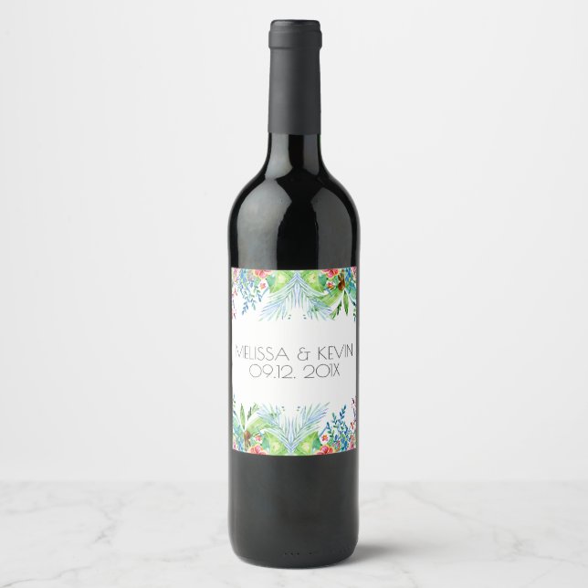 Colourful Tropical Flowers Wedding Day Design Wine Label (Front)