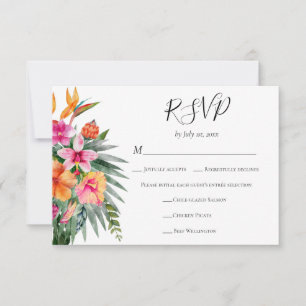 Colourful Tropical Flowers Wedding Meal Choice RSVP Card