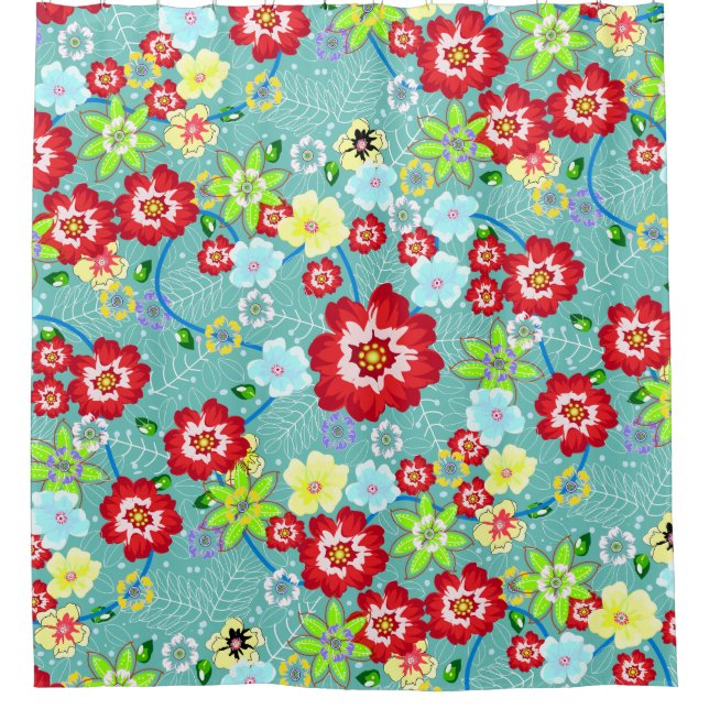 Colourful Tropical Folk Art Floral Shower Curtain (Front)