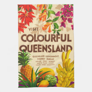Colourful Tropical Fruit and Flowers Tea Towel