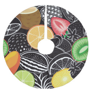 Colourful tropical fruits, black background. brushed polyester tree skirt