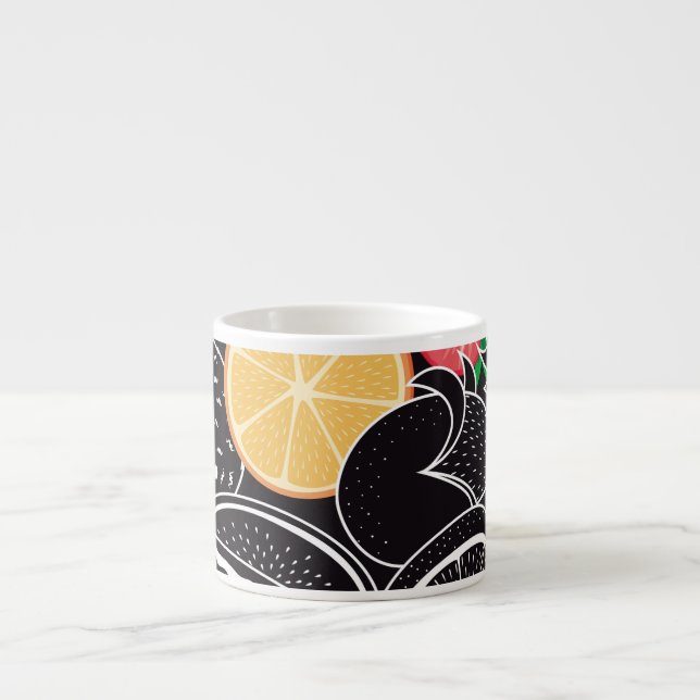 Colourful tropical fruits, black background. espresso cup (Front)