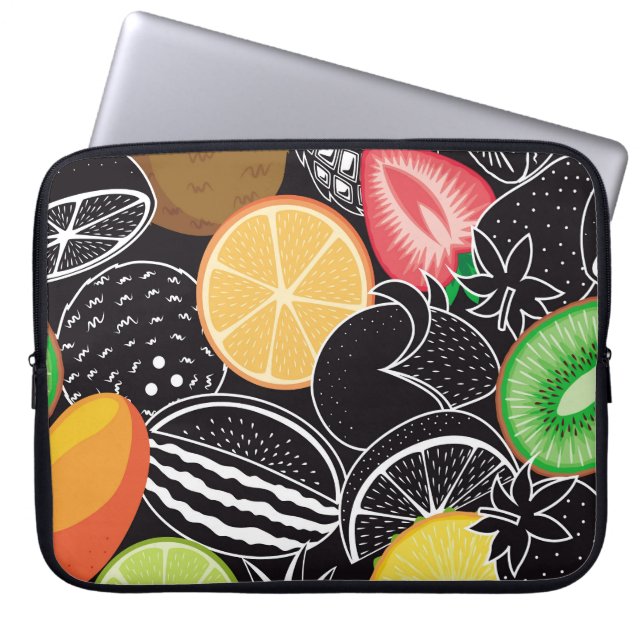 Colourful tropical fruits, black background. laptop sleeve (Front)