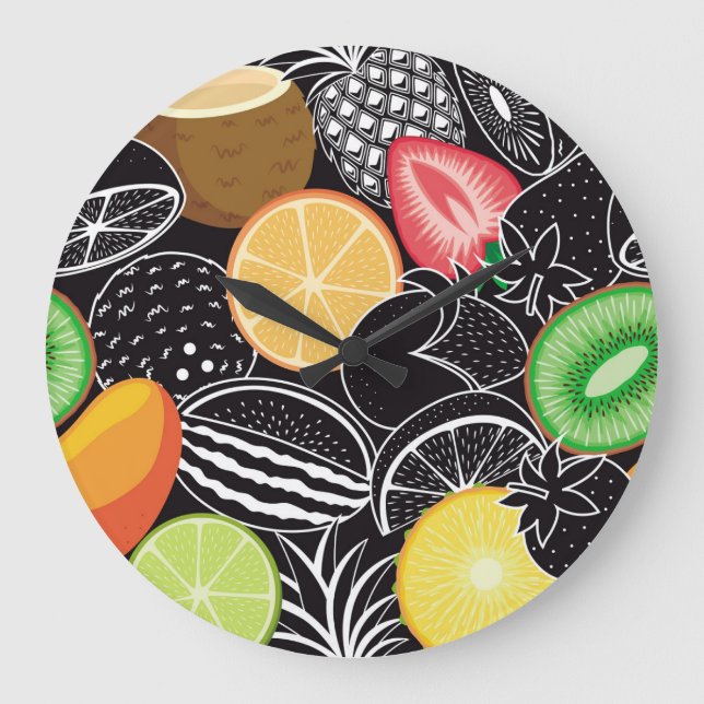 Colourful tropical fruits, black background. large clock (Front)