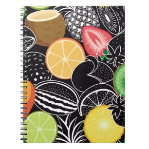 Colourful tropical fruits, black background. notebook