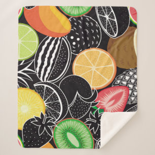 Colourful tropical fruits, black background. sherpa blanket