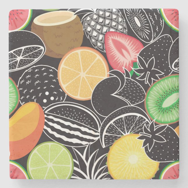 Colourful tropical fruits, black background. stone coaster (Front)