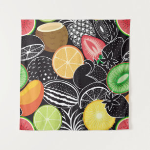 Colourful tropical fruits, black background. tapestry