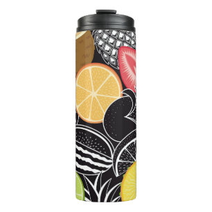 Colourful tropical fruits, black background. thermal tumbler