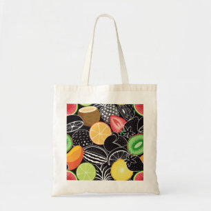 Colourful tropical fruits, black background. tote bag