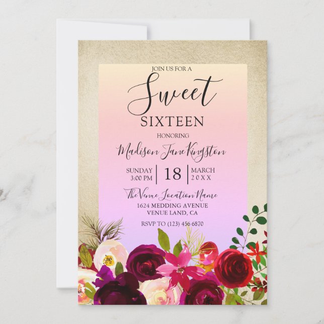 Colourful Tropical Gold Burgundy Flower Sweet 16 Invitation (Front)