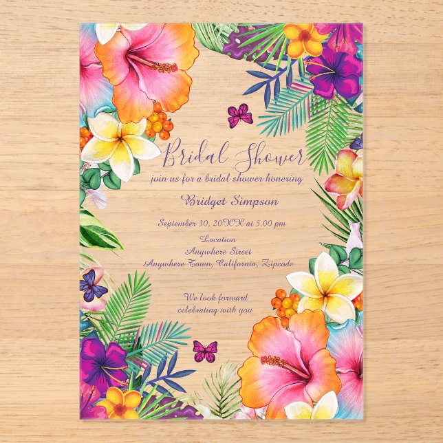 Colourful tropical hawaiian Floral bridal shower Acrylic Invitations (Front)