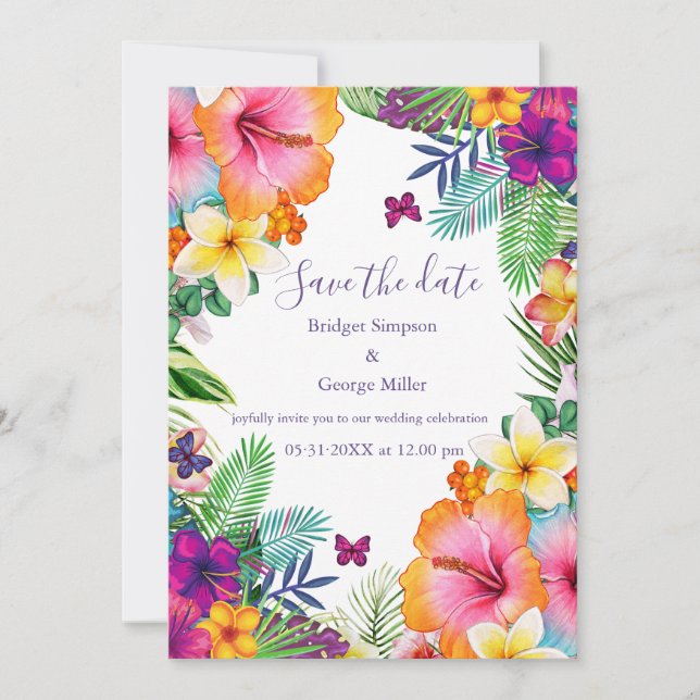 Colourful tropical hawaiian Floral safe the date Invitation (Front)