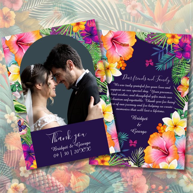 Colourful tropical hawaiian Floral Wedding & photo Thank You Card (Creator Uploaded)