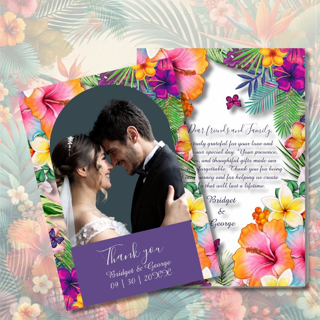 Colourful tropical hawaiian Floral Wedding & photo Thank You Card (Creator Uploaded)