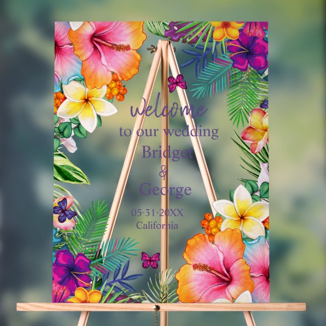 Colourful tropical hawaiian Floral Wedding welcome Acrylic Sign (Neutral)