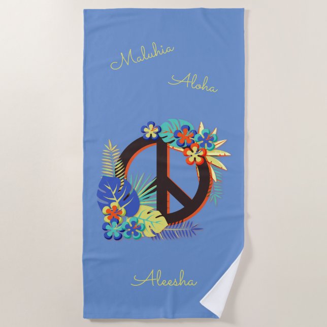 Colourful Tropical Hawaiian Peace Love Name Blue Beach Towel (Front)