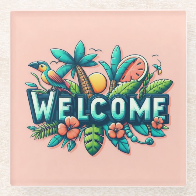 Colourful Tropical/Hawaiian welcome Glass Coaster (Front)