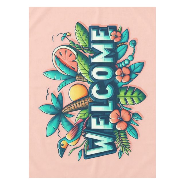 Colourful Tropical/Hawaiian welcome Tablecloth (Front)