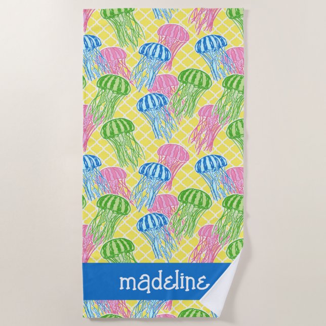 Colourful Tropical Jellyfish Pattern Personalised Beach Towel (Front)