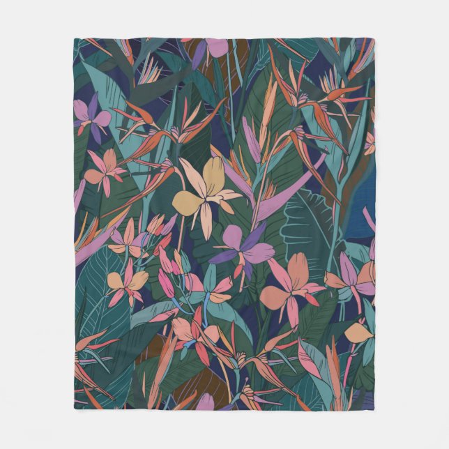 Colourful tropical jungle leaves and flowers hand  fleece blanket (Front)