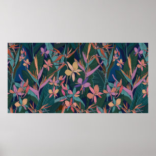 Colourful tropical jungle leaves and flowers hand poster