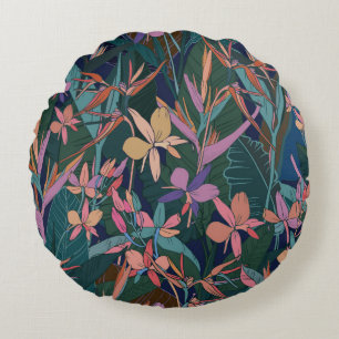 Colourful tropical jungle leaves and flowers hand round cushion
