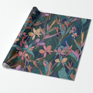 Colourful tropical jungle leaves and flowers hand wrapping paper