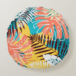 Colourful tropical jungle leaves pattern. round cushion