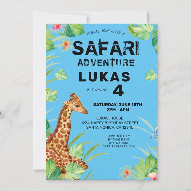  Colourful Tropical Jungle Safari Giraffe Birthday Invitation (Front)