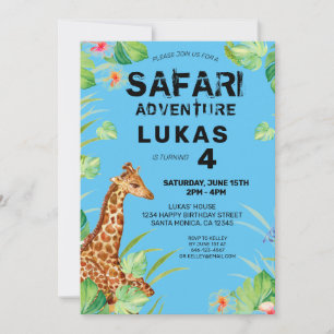  Colourful Tropical Jungle Safari Giraffe Birthday Invitation