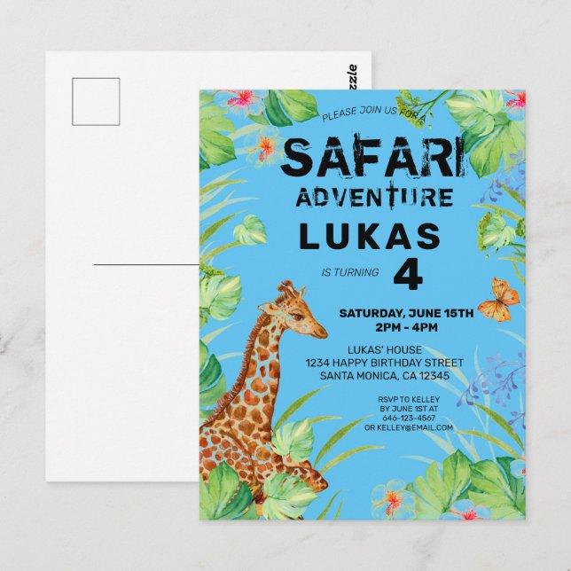  Colourful Tropical Jungle Safari Giraffe Birthday Postcard (Front/Back)